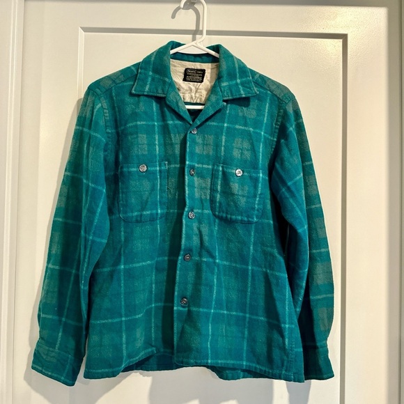 Sears Vintage Blue and Green Plaid Flannel Wool Blend Button Down Shirt Medium - Picture 1 of 6